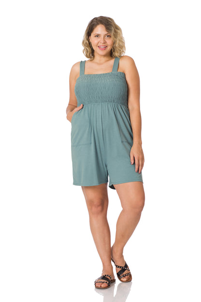 A-Plus solid smocked top romper with pockets