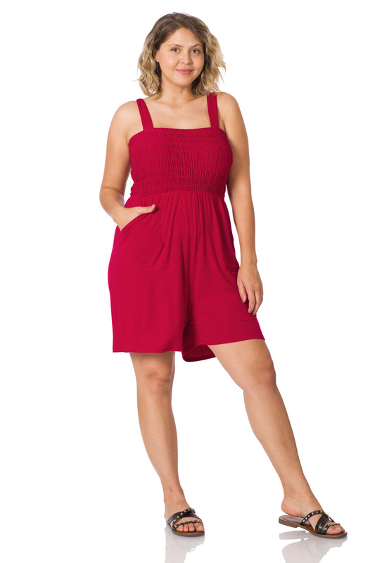 A-Plus solid smocked top romper with pockets