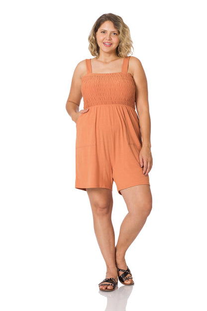 A-Plus solid smocked top romper with pockets