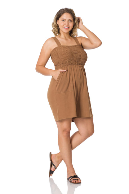 A-Plus solid smocked top romper with pockets