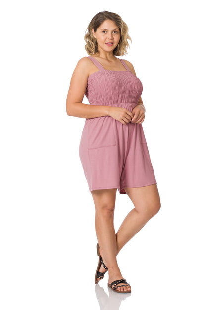 A-Plus solid smocked top romper with pockets