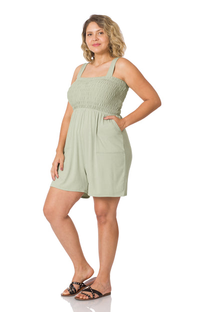 A-Plus solid smocked top romper with pockets