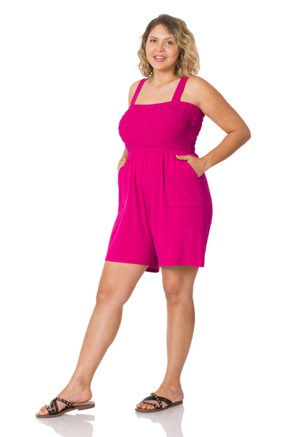A-Plus solid smocked top romper with pockets