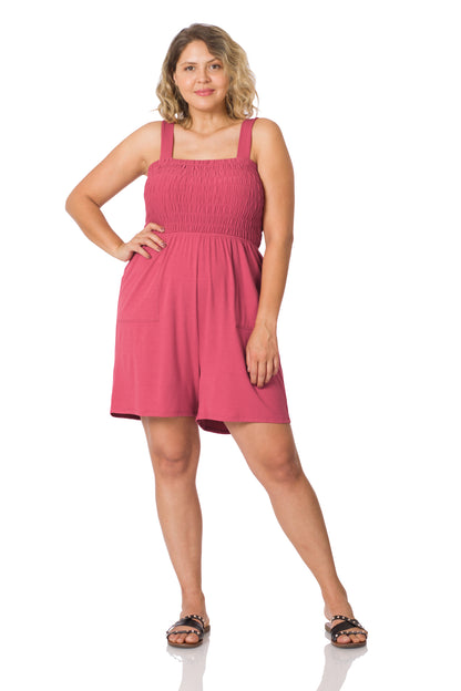 A-Plus solid smocked top romper with pockets